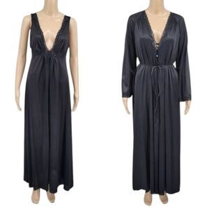 Lorraine Vintage Maxi Length Black Slip Dress Nightgown and Peignoir Robe Lace